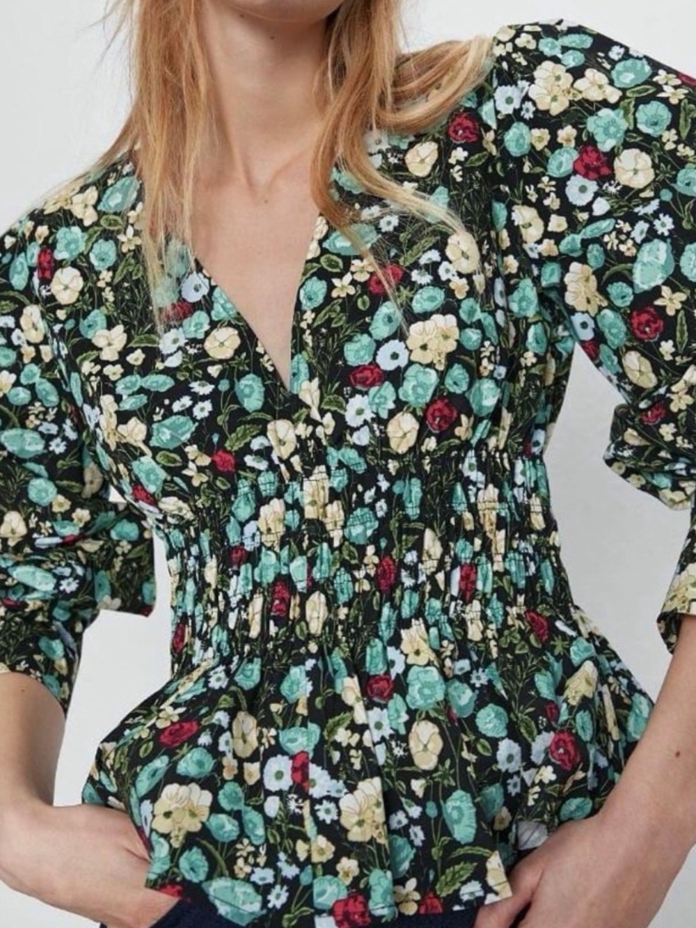 Zara Smocked Peplum Long Sleeve Blouse in Black Floral